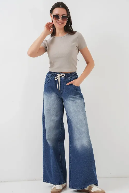 Kadın Bol Paça Kot Pantolon 6705 - Lacivert