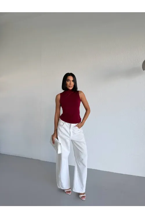 Kadın Bordo Balıkçı Yaka Sıfır Kol Sandy Crop Bluz HZL26S-FRY123931