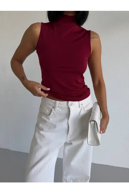 Kadın Bordo Balıkçı Yaka Sıfır Kol Sandy Crop Bluz HZL26S-FRY123931