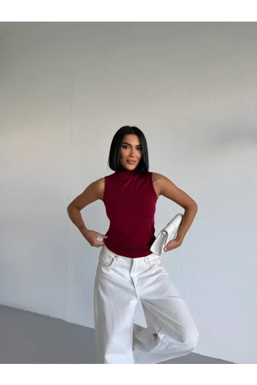 Kadın Bordo Balıkçı Yaka Sıfır Kol Sandy Crop Bluz HZL26S-FRY123931