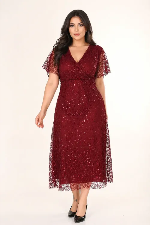 Kadın Bordo Büyük Beden Kruvaze Yaka Payetli Abiye Elbise HZL26S-PR11171