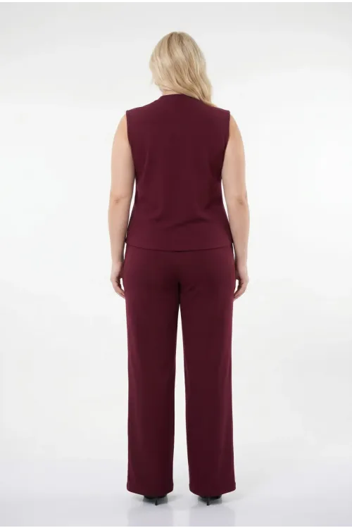 Kadın Bordo Büyük Beden V Yaka Yelek Pantolon İkili Takım HZL26S-PR12131