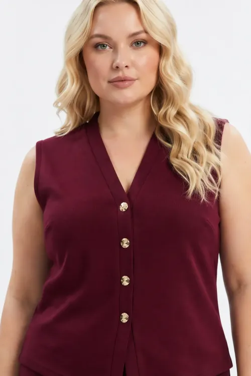 Kadın Bordo Büyük Beden V Yaka Yelek Pantolon İkili Takım HZL26S-PR12131