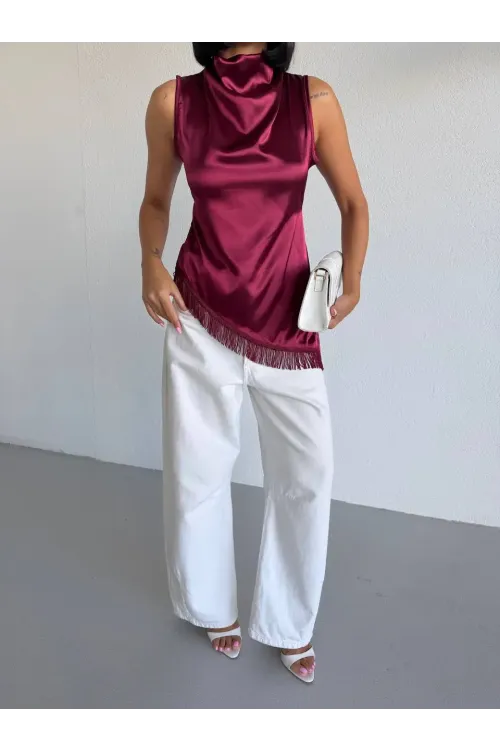 Kadın Bordo Halter Yaka Asimetrik Kesim Saçak Detay Saten Bluz HZL26S-FRY123911