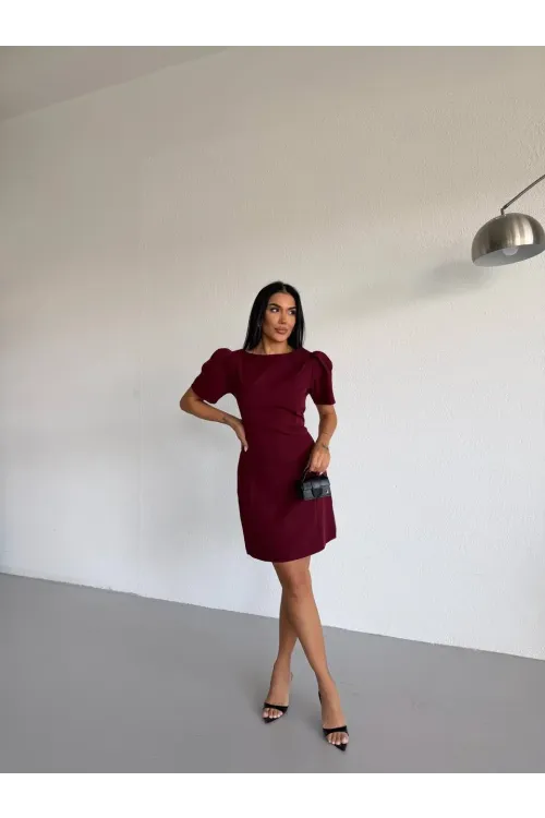 Kadın Bordo Kayık Yaka Fileto Cep Kısa Kollu Mini Elbise HZL26S-FRY123891