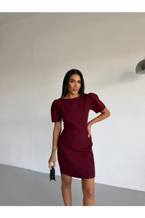 Kadın Bordo Kayık Yaka Fileto Cep Kısa Kollu Mini Elbise HZL26S-FRY123891