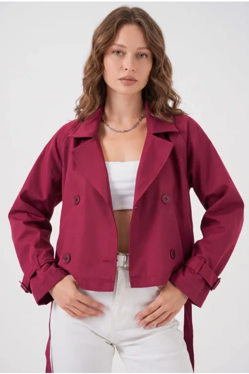 Kadın Bordo Kruvaze Yaka Kuşaklı Astarlı Kısa Trençkot HZL25W-BD159701