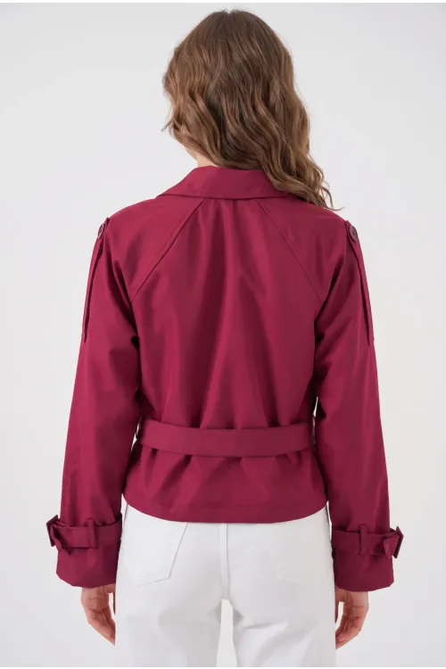 Kadın Bordo Kruvaze Yaka Kuşaklı Astarlı Kısa Trençkot HZL25W-BD159701