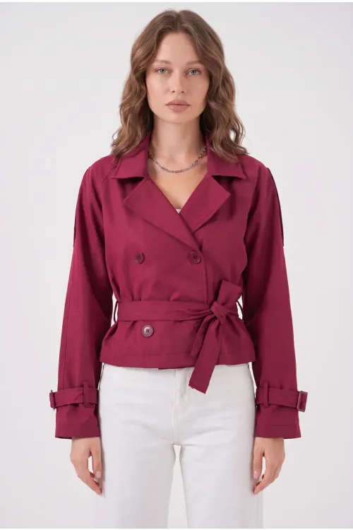 Kadın Bordo Kruvaze Yaka Kuşaklı Astarlı Kısa Trençkot HZL25W-BD159701