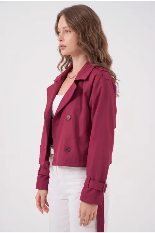 Kadın Bordo Kruvaze Yaka Kuşaklı Astarlı Kısa Trençkot HZL25W-BD159701