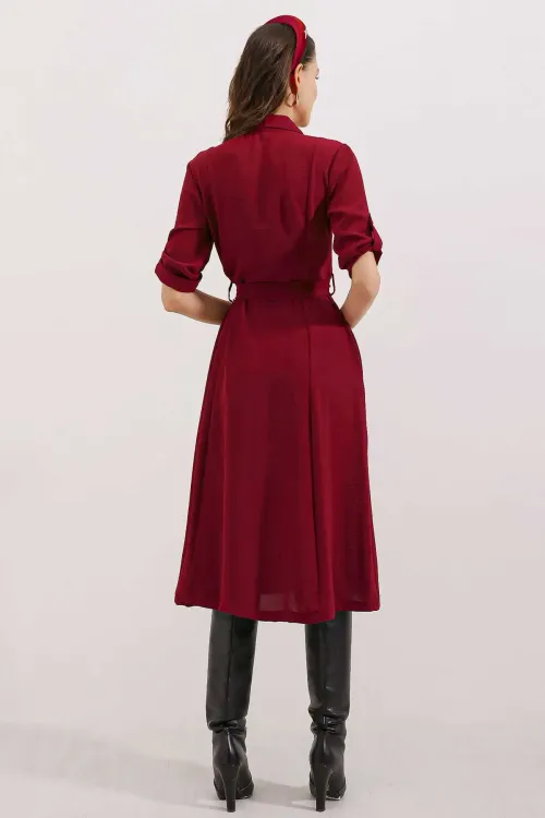 Kadın Bordo Kuşaklı Gömlek Elbise 2442