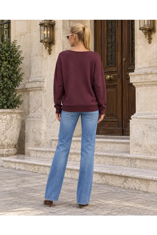 Kadın Bordo Oversize Yıldız Desenli Uzun Yumuşak Dokulu Kazak HZL28W-WM3301