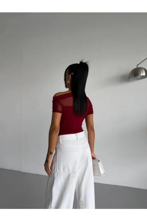 Kadın Bordo Tek Omuz Transparan Tül Detaylı Şık Sandy Bluz HZL26S-FRY123871