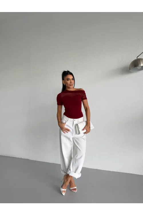 Kadın Bordo Tek Omuz Transparan Tül Detaylı Şık Sandy Bluz HZL26S-FRY123871