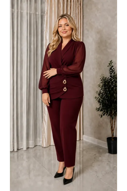 Kadın Büyük Beden Bordo Abiye Takım Kruvaze Yaka Gold Detay HZL26S-TRV15041