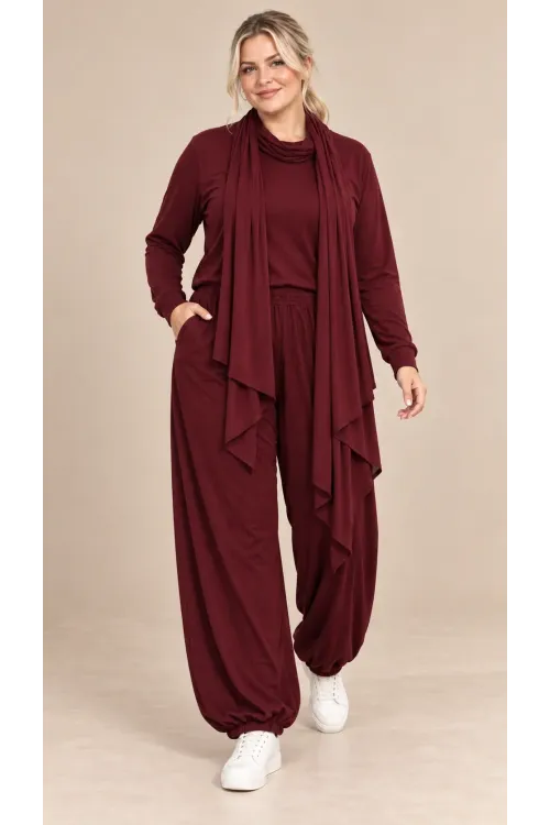 Kadın Büyük Beden Oysho Kumaş Bordo Şallı Bluz Lastikli Pantolon Üçlü Takım HZL26S-ZSS19911