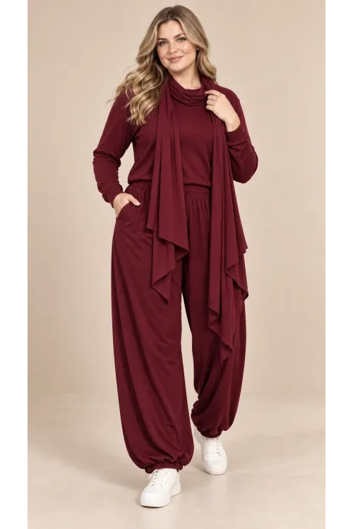 Kadın Büyük Beden Oysho Kumaş Bordo Şallı Bluz Lastikli Pantolon Üçlü Takım HZL26S-ZSS19911