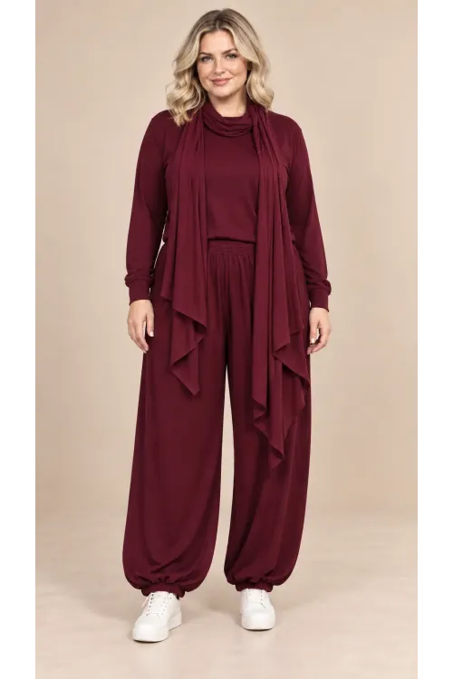 Kadın Büyük Beden Oysho Kumaş Bordo Şallı Bluz Lastikli Pantolon Üçlü Takım HZL26S-ZSS19911