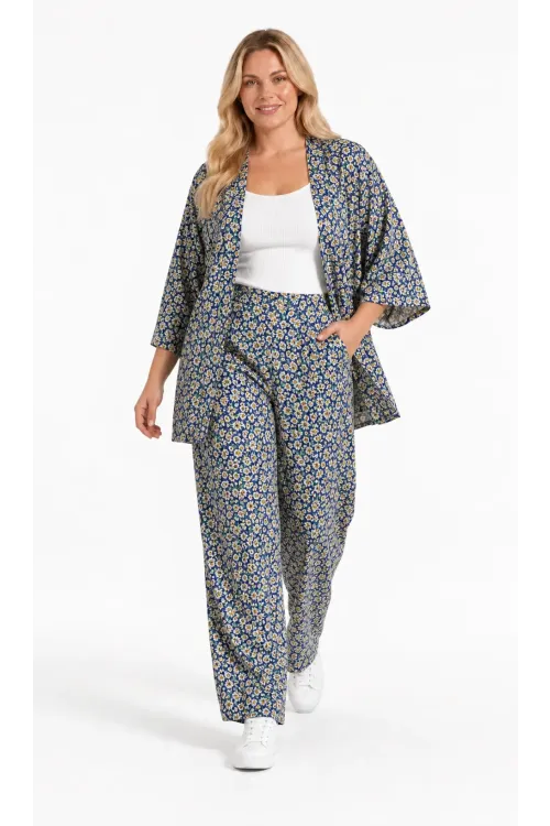 Kadın Büyük Beden Sarı Çiçek Desenli Mavi Kimono Takım HZL26S-PR10181
