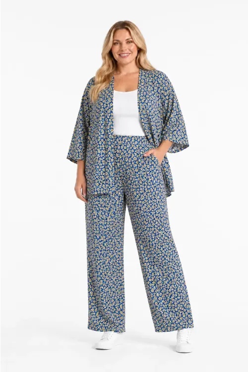 Kadın Büyük Beden Sarı Çiçek Desenli Mavi Kimono Takım HZL26S-PR10181