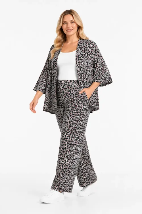 Kadın Büyük Beden Çiçek Desenli Siyah Kimono Takım HZL26S-PR10181
