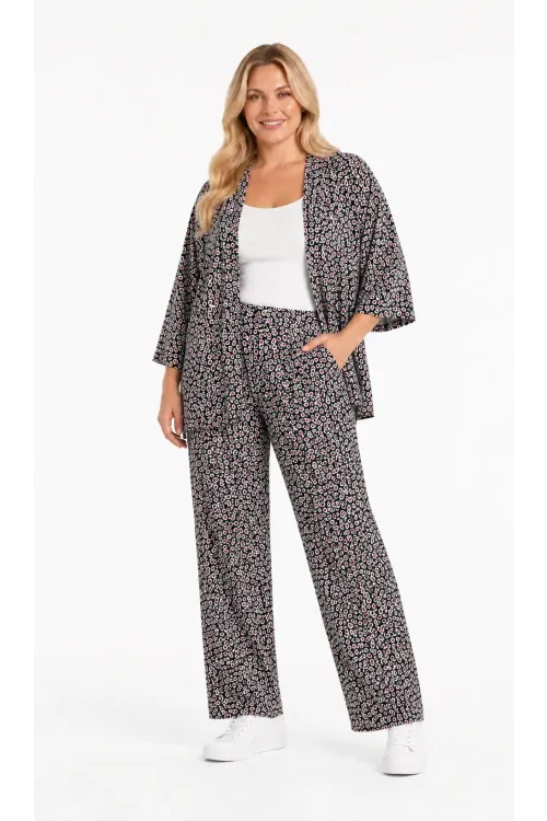 Kadın Büyük Beden Çiçek Desenli Siyah Kimono Takım HZL26S-PR10181