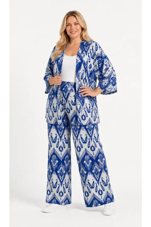 Kadın Büyük Beden Etnik Desenli Mavi Kimono Takım HZL26S-PR10181