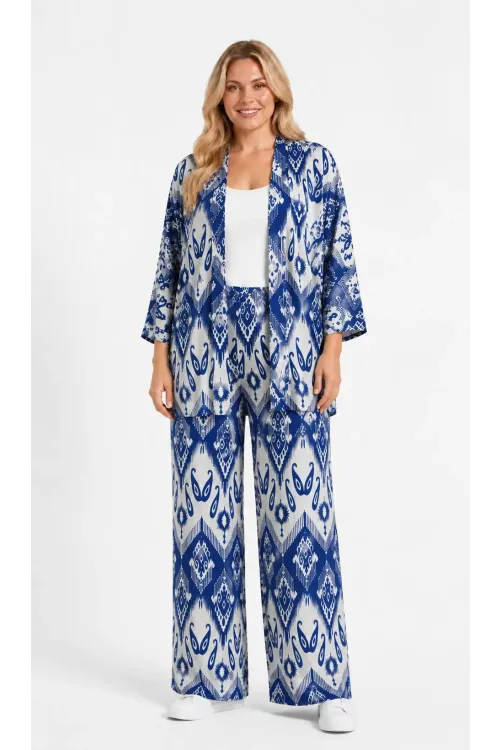 Kadın Büyük Beden Etnik Desenli Mavi Kimono Takım HZL26S-PR10181