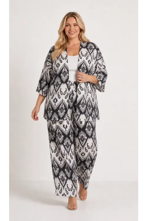 Kadın Büyük Beden Etnik Desenli Siyah Kimono Takım HZL26S-PR10181