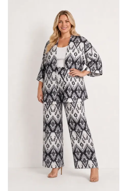 Kadın Büyük Beden Etnik Desenli Siyah Kimono Takım HZL26S-PR10181