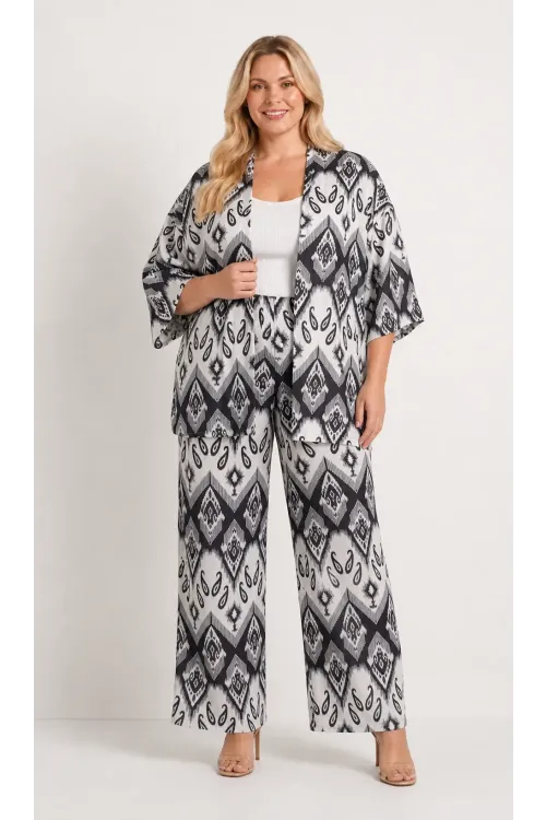 Kadın Büyük Beden Etnik Desenli Siyah Kimono Takım HZL26S-PR10181