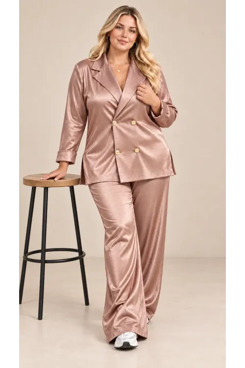 Kadın Büyük Beden RoseGold Kruvaze Yaka Gold Düğmeli Lastikli Pantolon Takımı HZL26S-ZSS111461