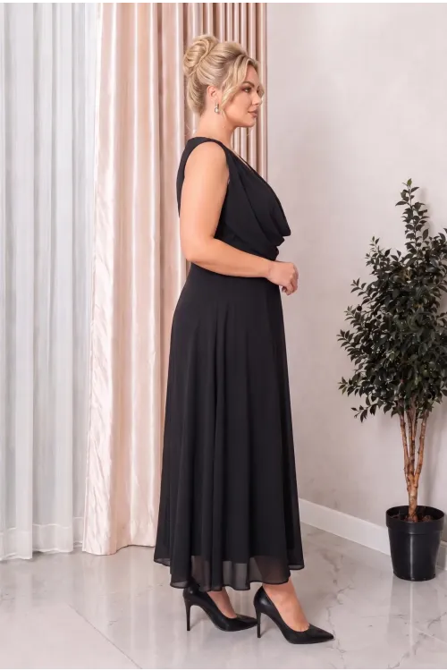 Kadın Büyük Beden Siyah Abiye Elbise Göğüs Dantel Detaylı Drape Yaka HZL26S-TRV16081