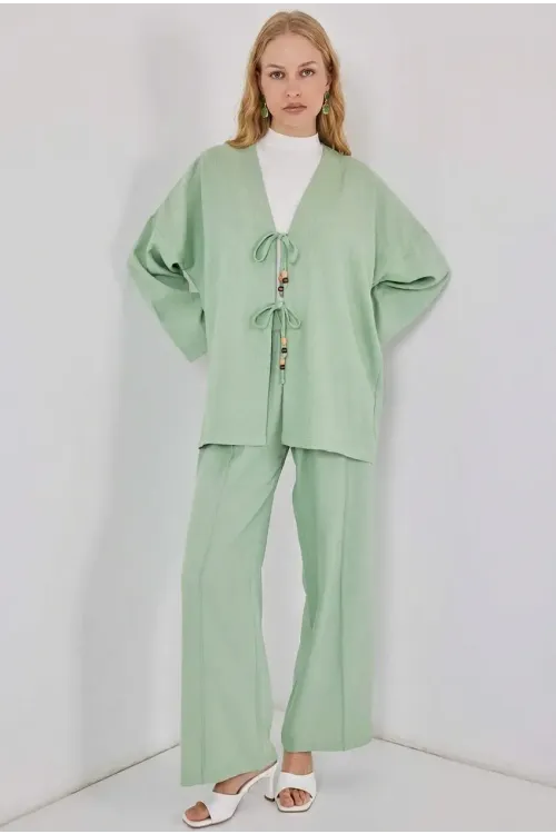 Kadın Çağla Yeşili Keten Bağlama Detaylı Kimono Pantolon İkili Takım HZL26S-BD167271