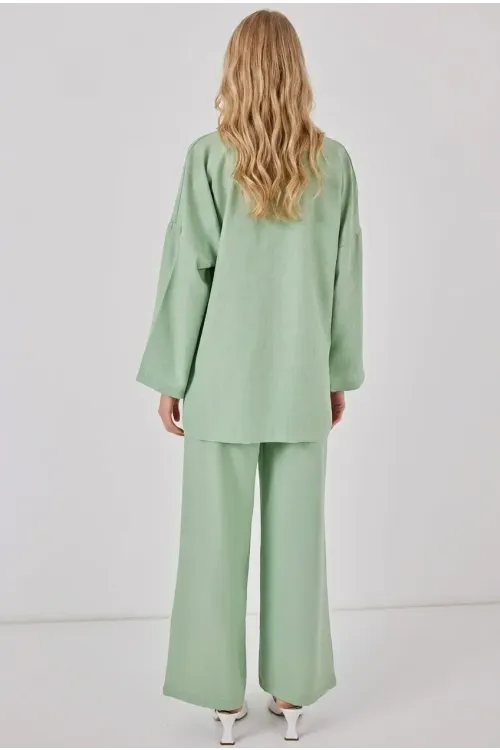 Kadın Çağla Yeşili Keten Bağlama Detaylı Kimono Pantolon İkili Takım HZL26S-BD167271