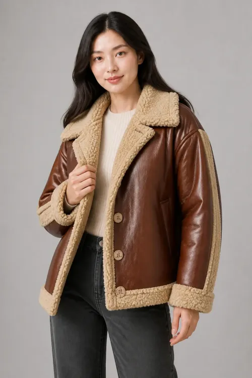 Kadın Camel İçi Kürklü Düğmeli Suni Deri Mont HZL23W-BRC129331