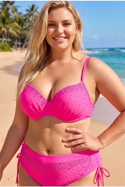 Kadın Canlı Pembe Büyük Beden Taş İşlemeli Astarlı Bikini Takım HZL25S-LC2099