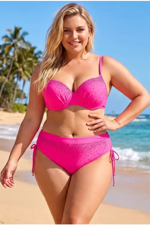 Kadın Canlı Pembe Büyük Beden Taş İşlemeli Astarlı Bikini Takım HZL25S-LC2099