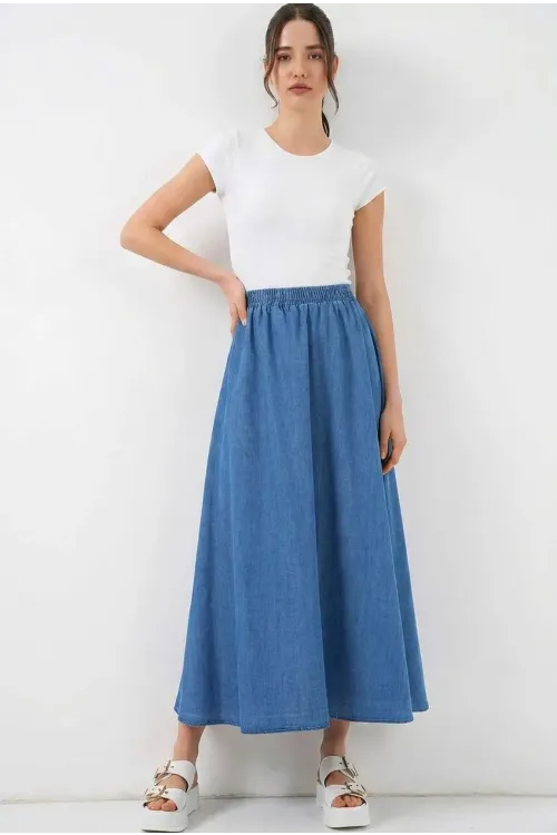 Kadın Denim Beli Lastikli Uzun Kot Etek HZL26W-BD180621