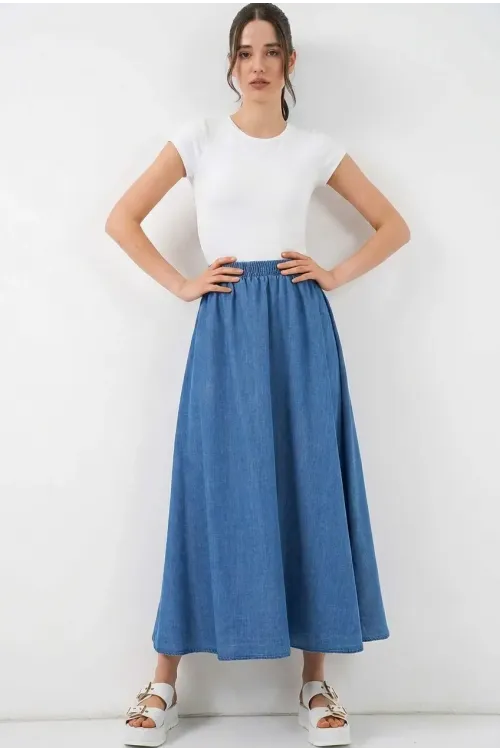 Kadın Denim Beli Lastikli Uzun Kot Etek HZL26W-BD180621
