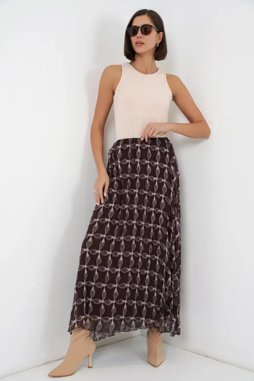 Kadın Desenli Astarlı Şifon Etek 8058 - Kahverengi