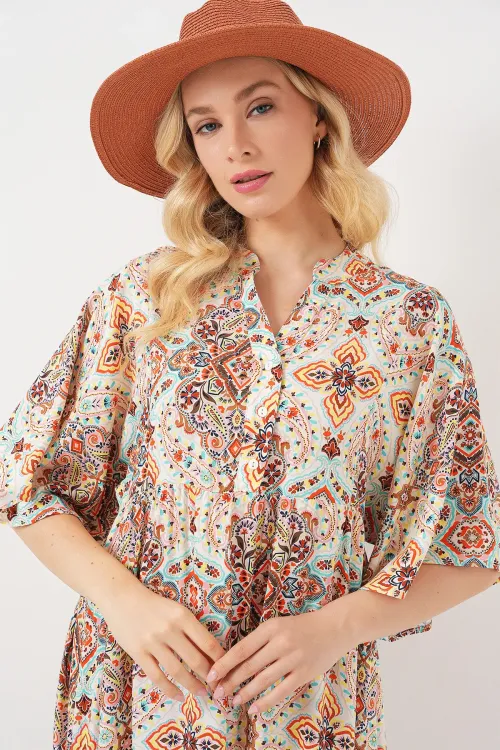 Kadın Desenli Kısa Kol Elbise 2562 - Kahverengi