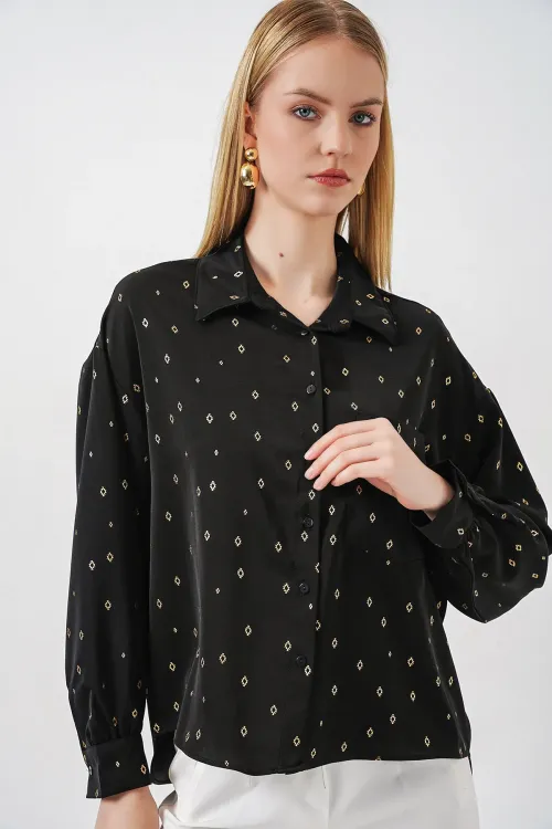 Kadın Desenli Oversize Gömlek 20361 - Siyah