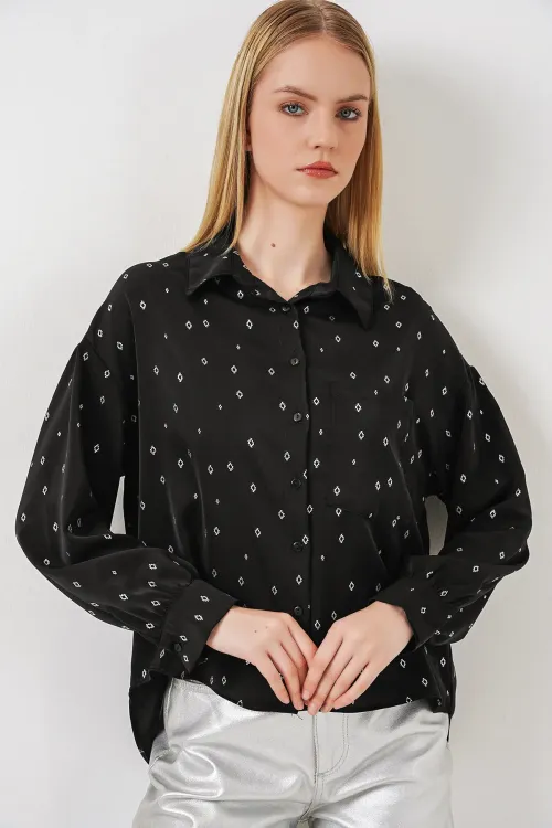 Kadın Desenli Oversize Gömlek 20361 - Siyah - Gümüş