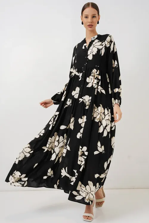 Kadın Desenli Uzun Tesettür Elbise 2585 - Düz Siyah