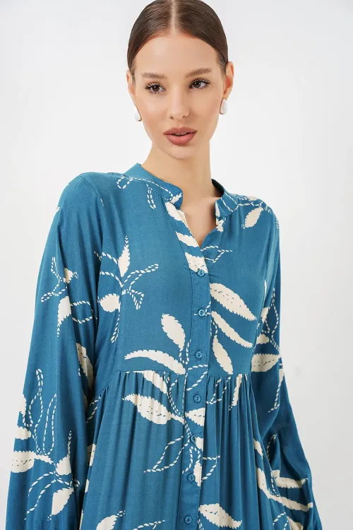 Kadın Desenli Uzun Tesettür Elbise 2585 - Petrol