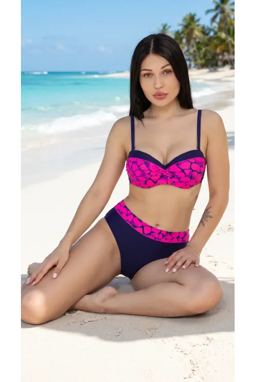 Kadın Fuşya Lacivert Desenli Astarlı Büyük Beden Bikini Takımı HZL25S-LC25143