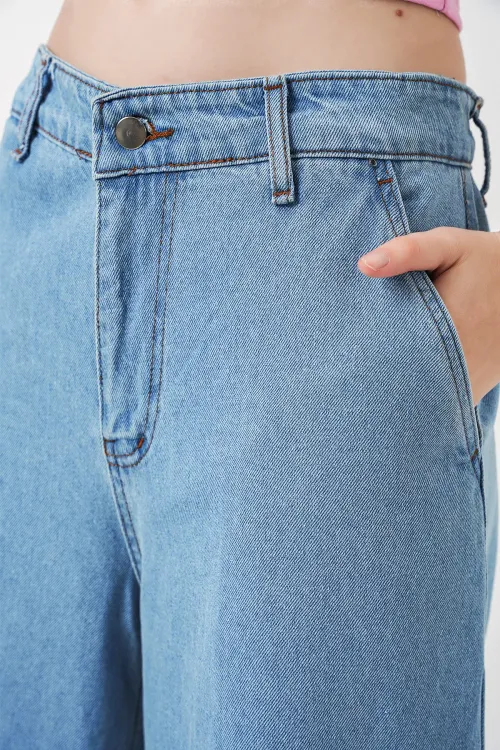 Kadın Geniş Paça Yüksek Bel Kot Pantolon 30080 - Açık Mavi
