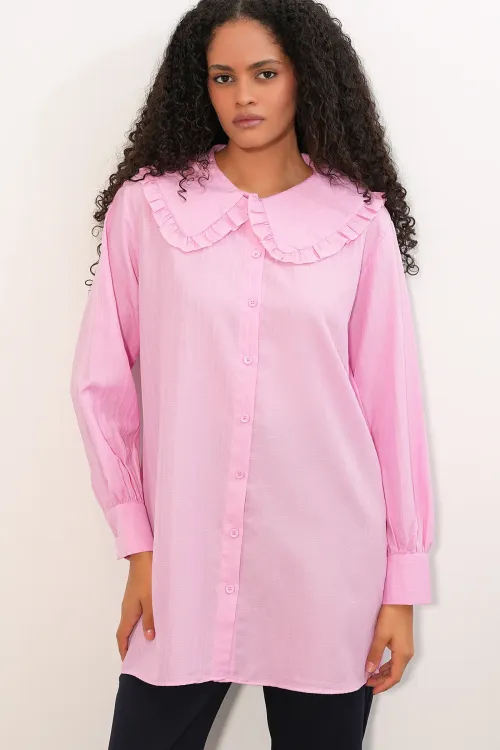 Kadın Geniş Yaka Fırfır Detaylı Çizgili Tunik Gömlek 5993 - Pembe