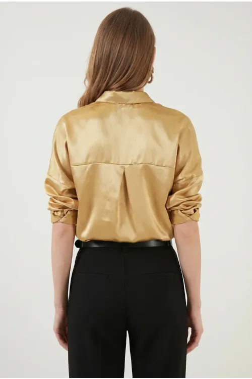 Kadın Gold Hafif Dökümlü Saten Yüzeyli Gömlek HZL22W-BD139641